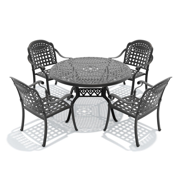 English Elm 5-piece Cast Aluminum Outdoor Dining Set with Carved Frame and Weather Resistant Cushions W1710S00632