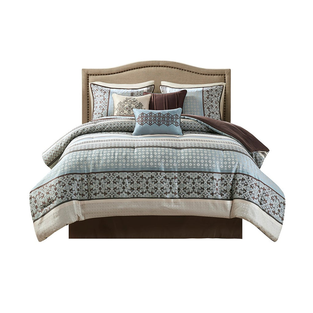 English Elm 7 Piece Comforter Set - Luxurious Blue King Bedding With Damask & Geometric Designs, Easy Care B03597162
