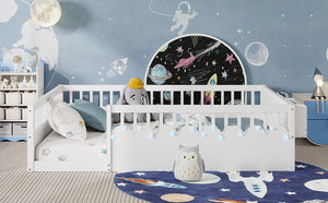 English Elm Full Montessori floor bed offering high rails, built-in light and shelf for safe independent sleep and storage White 79.13 L x 13 W x 6.3 H W2593P333586