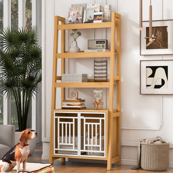 English Elm Modern 2 IN 1 Dog Furniture Leaning Ladder Bookshelf with Hidden Kennel, Walnut Mid-Century Storage for Dogs up to 50lbs N843P256446W