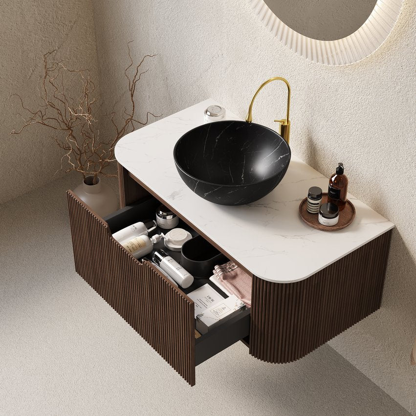 English Elm Dina Floating Bathroom Vanity Sintered Stone Top Glass Basin Striped Plywood Cabinet W2615S00427