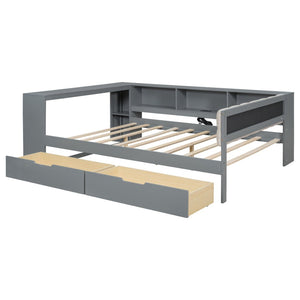 English Elm Wood Full Size Platform Bed With Stylish Storage Shelves, Charging Station, And Upholstered Headboard GX002108AAE-1-GIGA