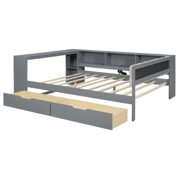 English Elm Wood Full Size Platform Bed With Stylish Storage Shelves, Charging Station, And Upholstered Headboard GX002108AAE-1-GIGA