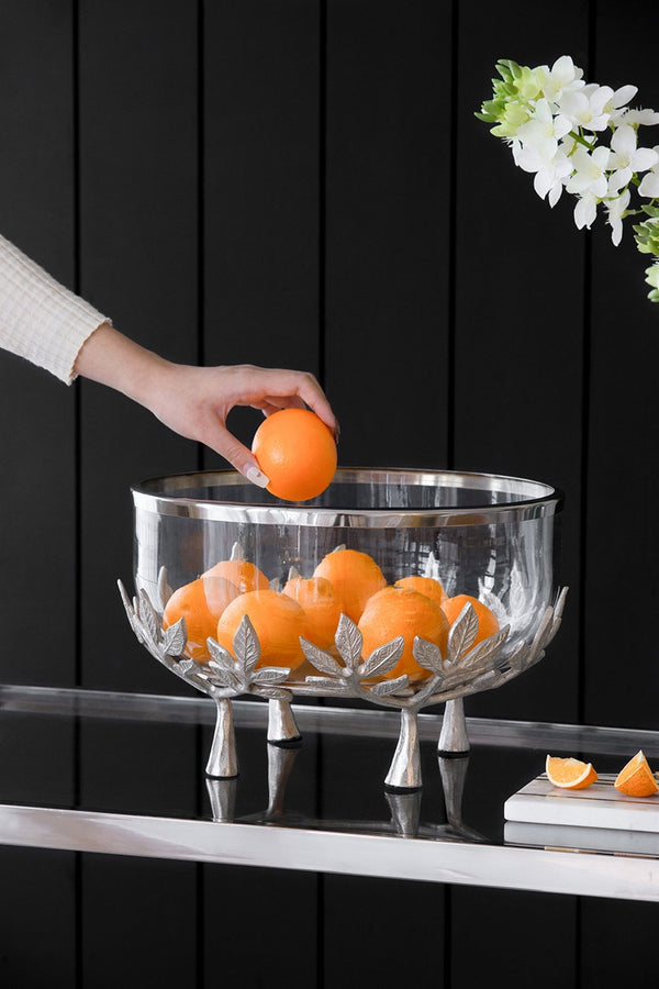 English Elm 13.4x13.4x8.7" Silver Glass Bowl with Floral Cast Aluminum Legs for Elegant Display W2078P490405