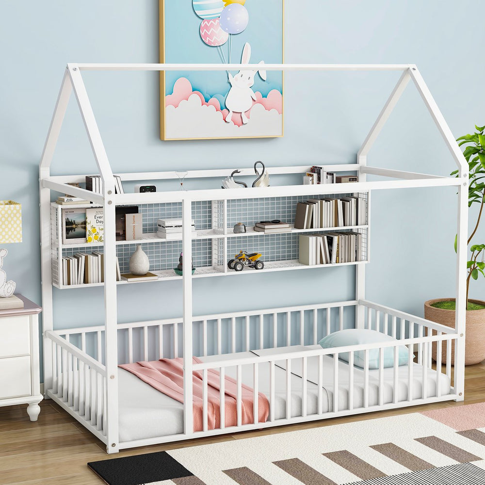 English Elm Twin House Frame Bed Powder Coated Steel with Built in Shelves for Kids Room N737P175360K