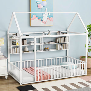 English Elm Twin House Frame Bed Powder Coated Steel with Built in Shelves for Kids Room N737P175360K