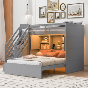 English Elm Twin Over Full Bunk Bed with Wardrobe Storage Stairs Shelves and Usb Charging Gray LT000292AAE