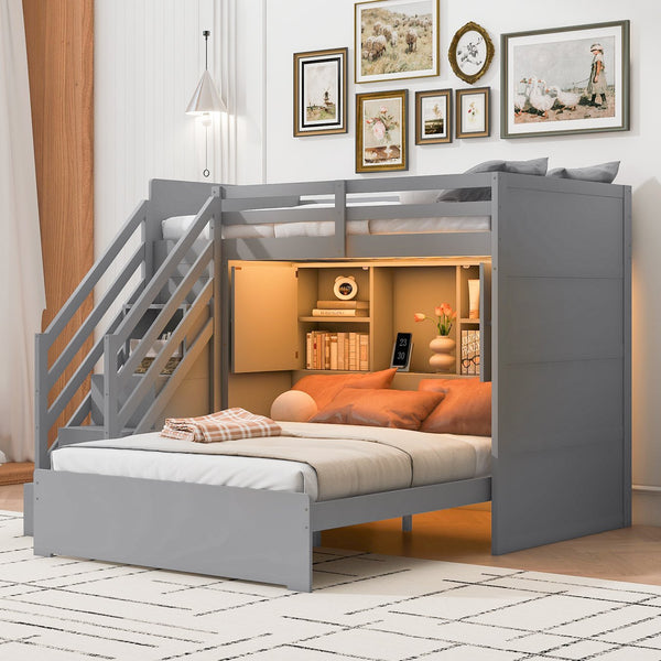 English Elm Twin Over Full Bunk Bed with Wardrobe Storage Stairs Shelves and Usb Charging Gray LT000292AAE