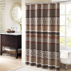 JLA Home Madison Park - Jacquard Shower Curtain with Textured Damask & Geometric Weave, Grey Ivory Accents, Machine Washable Red MP70-3040