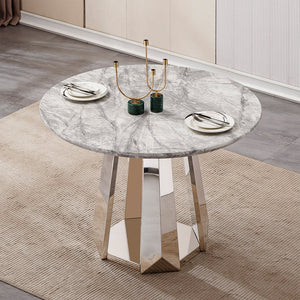 English Elm 47" Round Marble Dining Table - Elegant High Gloss Faux Marble Top & Durable Stainless Steel Base W3456S00008