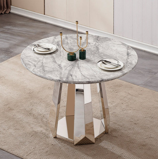 English Elm 47" Round Marble Dining Table - Elegant High Gloss Faux Marble Top & Durable Stainless Steel Base W3456S00008