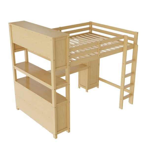 English Elm Full Size Pine Loft Bed House Frame with Slide Bookshelves and Moon Star Rails W1580S00163