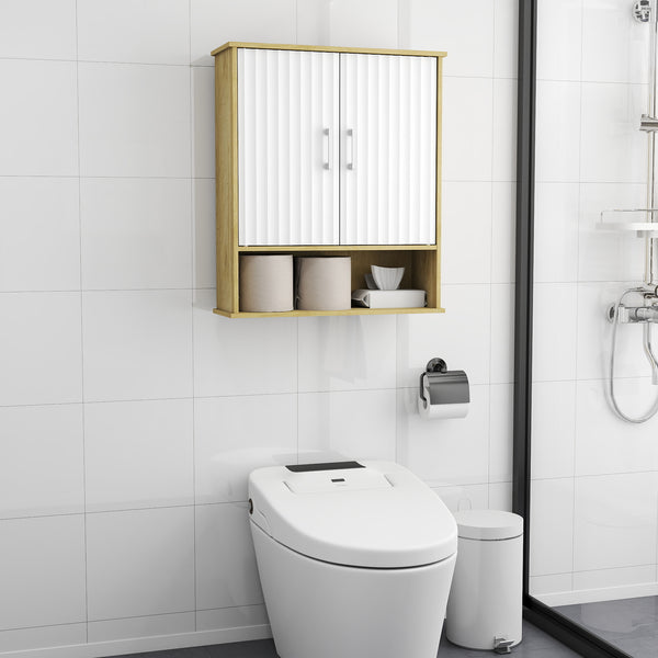 English Elm Bathroom Wall Cabinet White & Natural Wood with Wavy Doors, Adjustable Shelf, Bottom Storage, Easy Install W3151P288945