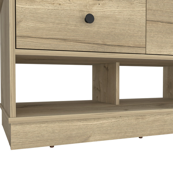 English Elm Tulip Light Oak Storage Bench with Two Drawers and Shelves — Modern Ergonomic Accent for Living Room Beige 40 L x 22 W x 6 H B128P148981