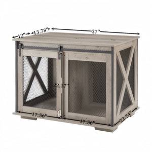 English Elm Farmhouse Dog Cage Crate Furniture with Sliding Barn Door, Secure Metal Latch, Flip-Up Top Access and Removable Divider for Small to Large Dogs (40.94x30.51x6.69) Gray Wash W2275P164727