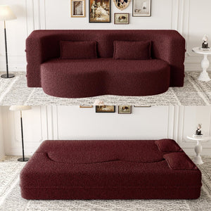 English Elm Modern Full Size Folding Sofa Bed with Teddy Fabric, 15" Foam Sleeper, Removable Covers & 2 Pillows for Guests Burgundy W1885P308173