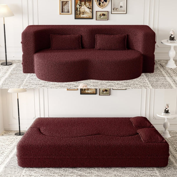 English Elm Modern Full Size Folding Sofa Bed with Teddy Fabric, 15" Foam Sleeper, Removable Covers & 2 Pillows for Guests Burgundy W1885P308173