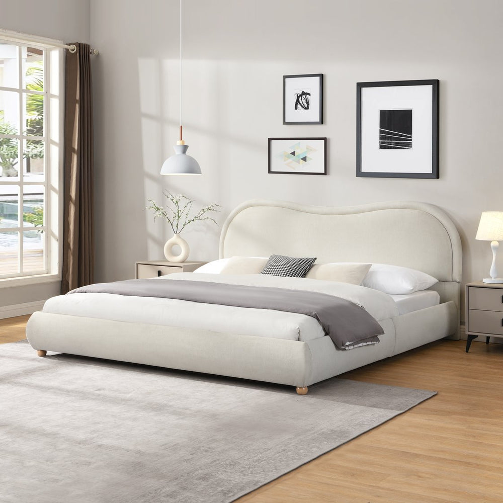 English Elm Queen Chenille Upholstered Bed Curved Headboard Oak Legs Wooden Slat Platform Frame W1716P387791
