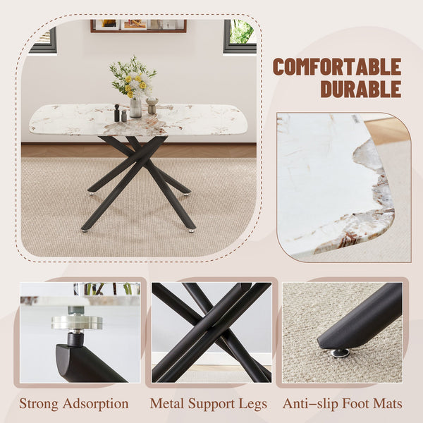 English Elm 63"x35.4" Luxurious Marble-Patterned Tempered Glass Dining Table with Gold Fork Legs, Scratch-Resistant Elegance Black W1151S03723