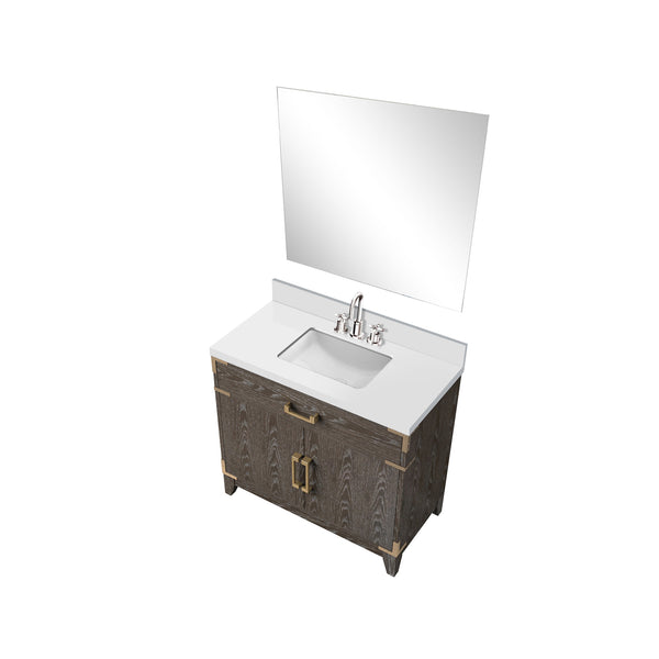 English Elm Brown Oak Single Bath Vanity Set With White Quartz Top, 34" Mirror & Chrome Faucet – Modern Elegance B2731S02009
