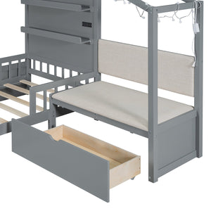 English Elm Twin House Bed Frame with Sofa Seating Led Lighting Drawers and Wireless Charging LP000521AAE-1