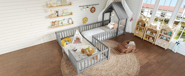 English Elm Twin House Floor Bed with Door and Full-Length Guardrails, Solid Wood Double Twin Floor Bed for Kids' Playful Rooms Grey W1580P354638