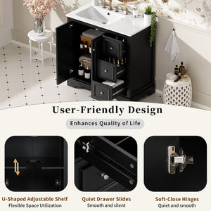 English Elm 36'' Transitional Bathroom Vanity with Ceramic Sink, Solid Wood Frame, Adjustable U-Shelf & Soft-Close Doors Black N729P292966B