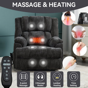 English Elm Dual Motor Power Lift Recliner Chenille Chair with Massage Heat and Infinite Positions Grey W3224P288492