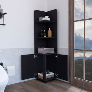 English Elm Corner Corner Cabinet 62H" Tall 3-Tier Open Shelf & 2-Door Black, Space-Saving Durable Storage B097P221673