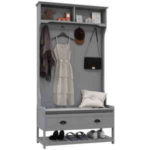 English Elm HOMCOM Entryway Hall Tree with Bench and 5 Double Hooks, Shoe Storage, Anti-Tip Mudroom Organizer Gray W2225P249585
