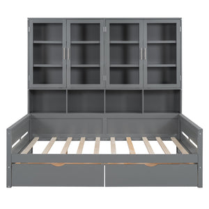 English Elm Full Size Wooden Daybed With Stylish Led Lighting, Glass Storage Cabinets & Versatile Shelves In Gray N820S00051E