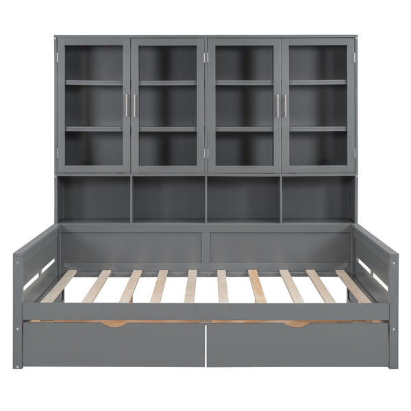 English Elm Full Size Wooden Daybed With Stylish Led Lighting, Glass Storage Cabinets & Versatile Shelves In Gray N820S00051E