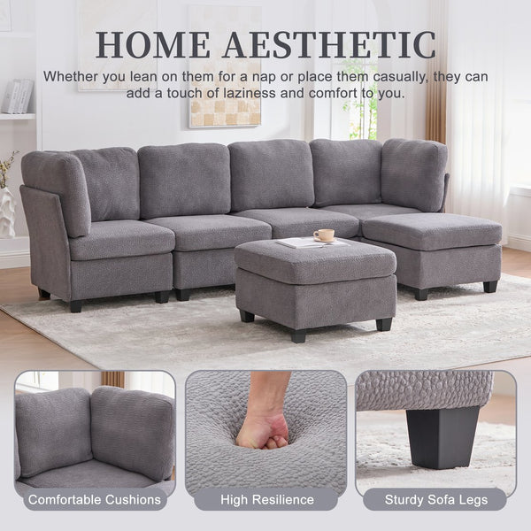 English Elm UNITED Modular 6-Seat Sectional Sofa with Removable Ottoman, Storage Compartments, Convertible Comfort Gray W1568S00245