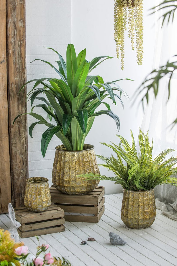 English Elm Set of 3 Distressed Zinc Metal Planters with Aged Golden Finish for Farmhouse Decor W2078P499531