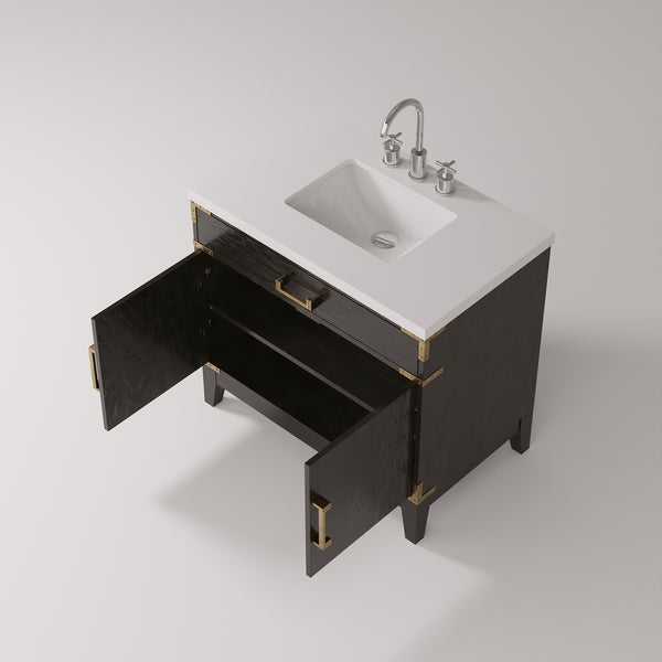 English Elm Black Oak Single Bath Vanity With Cultured Marble Top, Chrome Faucet, Soft-Close Doors & Storage B2731P260919