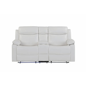 English Elm Blanche White Reclining Sofa and Loveseat Set with Console Storage Cup Holders Pillow-Top Arms and Medium-Firm Seating 2PC LED Lights and Speaker B201S00430