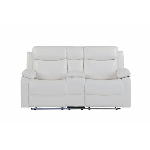 English Elm Blanche White Reclining Sofa and Loveseat Set with Console Storage Cup Holders Pillow-Top Arms and Medium-Firm Seating 2PC LED Lights and Speaker B201S00430