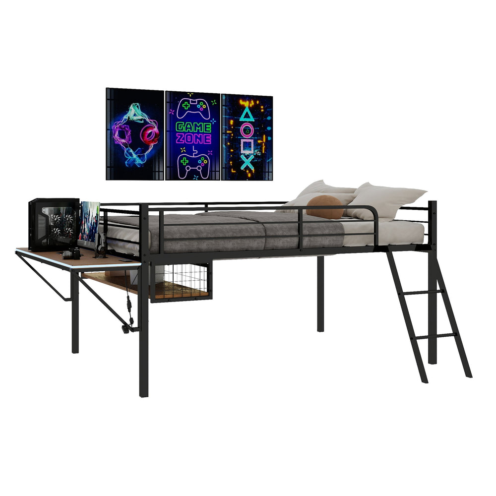 English Elm Full Size Steel Loft Bed with Integrated Desk Led Lighting and Under Bed Storage Black W1935P463339