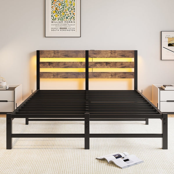 English Elm Queen Metal Bed Frame with Wooden Headboard, Built-In USB Charging, RGB App Lights, Storage Shelf, 10.6" Clearance, Noise-Free, Rustic Finish Beige+Brown W840P209904
