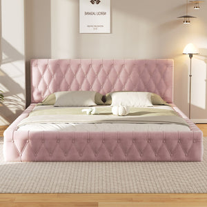 English Elm Queen Size Upholstered Bed With Tufted Headboard, Modern Velvet Platform Bed , No Box Spring Required, Pink