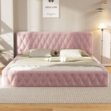 Queen Size Velvet Upholstered Bed with Tufted Headboard, Modern Pink Platform - No Box Spring Needed