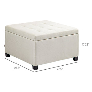 English Elm HOMCOM Tufted Fabric Storage Ottoman with Flip-Top Lid, Eucalyptus Frame, Soft Cushioned Seat, 28" Beige W2225P217742