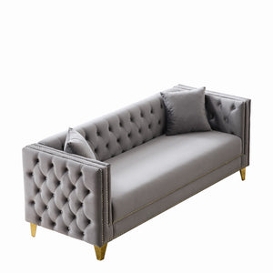 English Elm 80"Chesterfield Velvet Sofa with Tufted Buttons & Nailhead Trim, Deep-Seated 3-Seater, Solid Wood Frame Grey W3373S00027