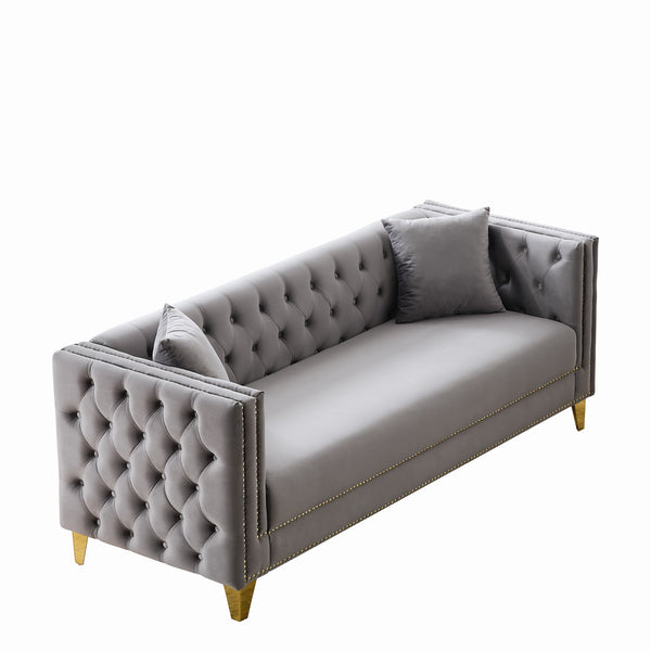 English Elm 80"Chesterfield Velvet Sofa with Tufted Buttons & Nailhead Trim, Deep-Seated 3-Seater, Solid Wood Frame Grey W3373S00027