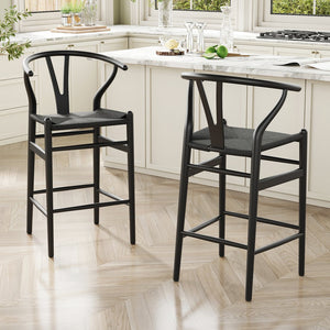 English Elm Wishbone Rattan Barstool with Woven Papercord Seat, Solid Ash Wood, Eco-Friendly Finish, Fully Assembled Black T3623P379811