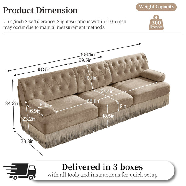 English Elm 3-seater Velvet Sofa with Button Tufting Tassel Fringe Skirt Modular Living Room Design Camel W714S01696