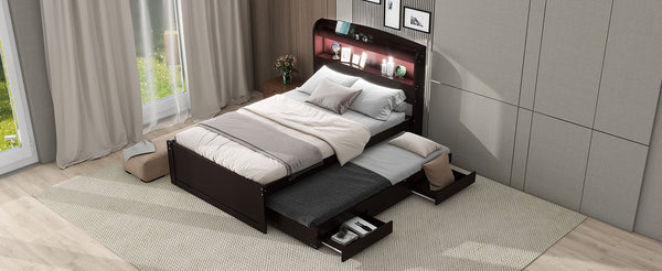 English Elm Twin XL Platform Bed with LED Headboard, Built-In Charging Station, Trundle & 2 Drawers for Space-Saving Bedrooms Dark Brown GX001829AAP
