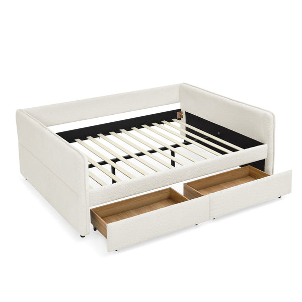 English Elm Daybed With Trundle And Storage Drawers, Upholstered In Beige Boucle, Queen Size For Stylish Comfort W1413S00074