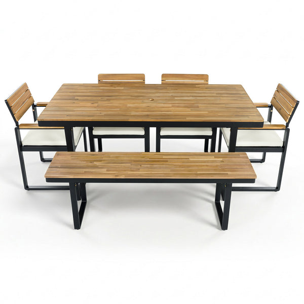 English Elm 6-piece Outdoor Acacia Wood Patio Dining Set with Cushioned Chairs Bench Steel Frame Beige N704G201255A