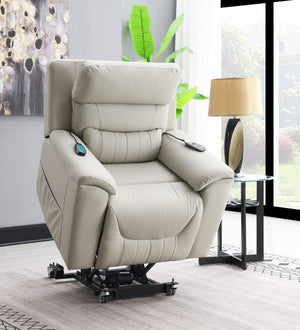 English Elm Marsha Light Gray Power Motion Recliner with Lift, Heated Massage, Faux Leather Upholstery, Modern Comfort B2726S00015